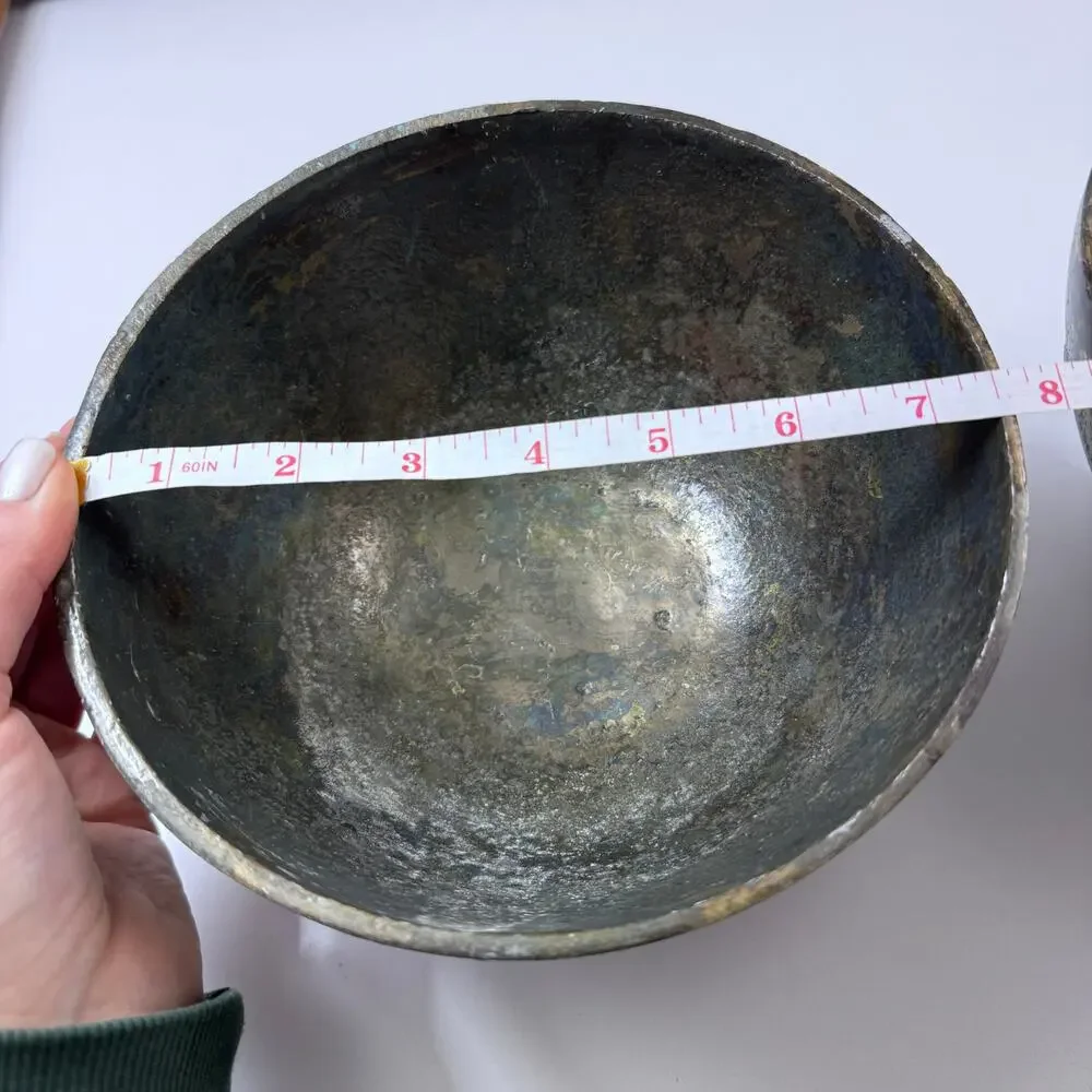 Set of 2 Pedestal Bowls Textured Brass Tone Gray Metal Round Shape Decorative